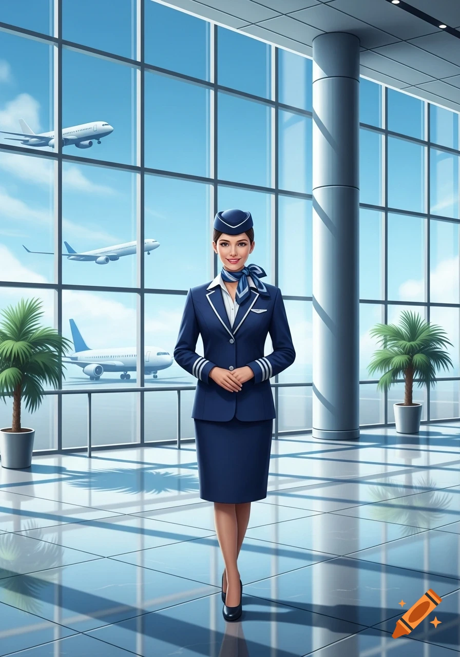A smiling female flight attendant in a blue uniform stands in a brightly lit airport terminal with airplanes visible outside large windows.