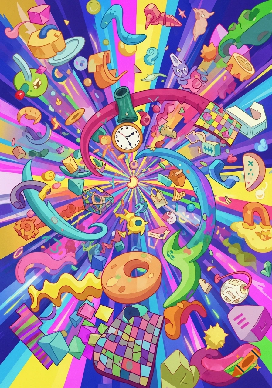 Vibrant, colorful abstract illustration with cartoon objects like a clock and donut swirling on a psychedelic background.