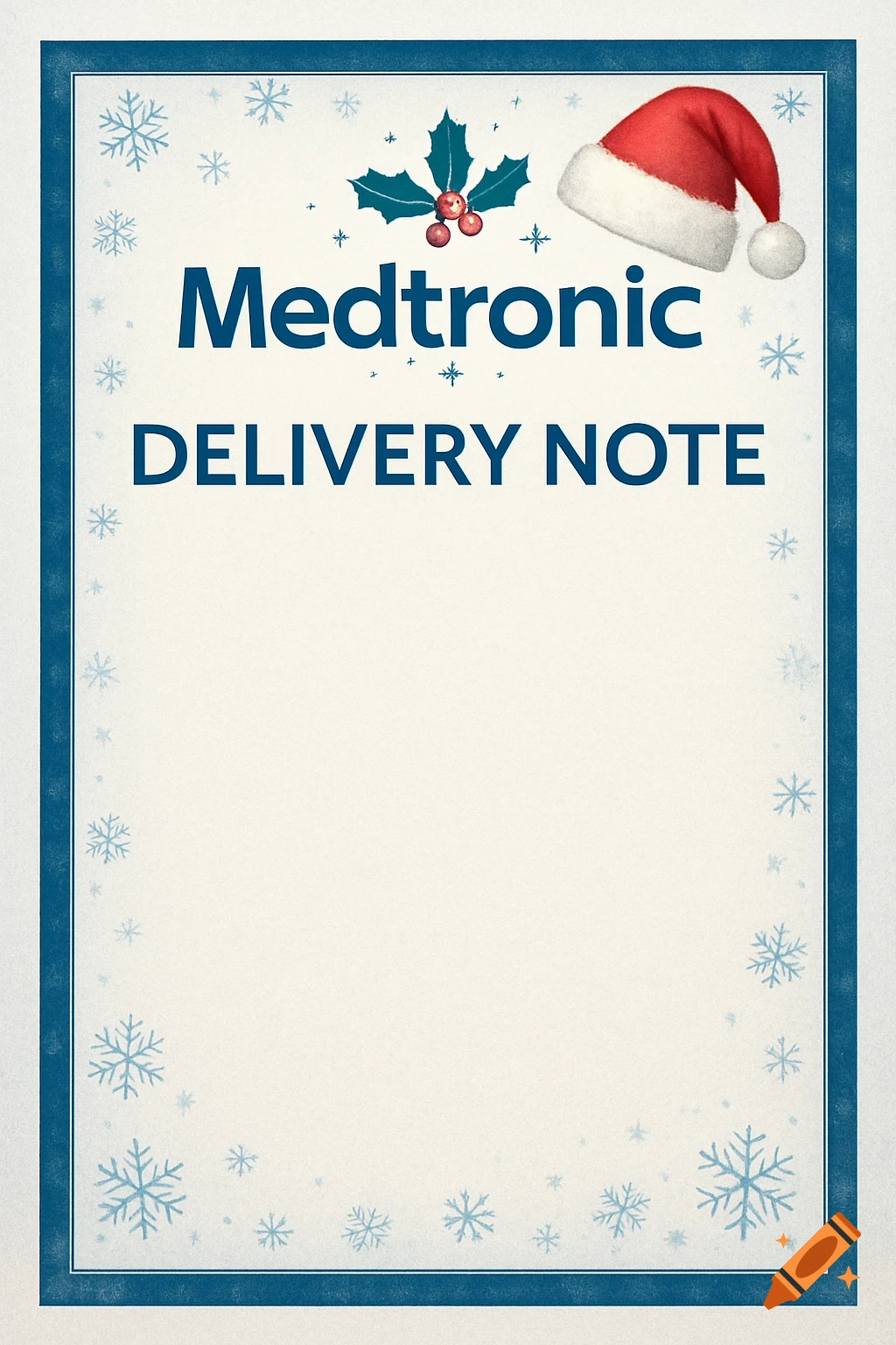 Christmas-themed Medtronic delivery note template with a Santa hat, holly, and snowflakes on a cream background with a blue border.