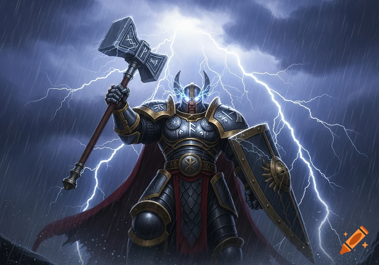 A formidable warrior in ornate armor with glowing eyes holds a large hammer and shield, amidst a lightning storm.