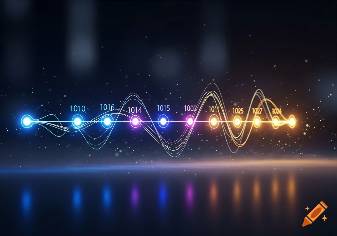 A glowing, colorful waveform timeline with numbered data points and reflections on a dark, starry background.