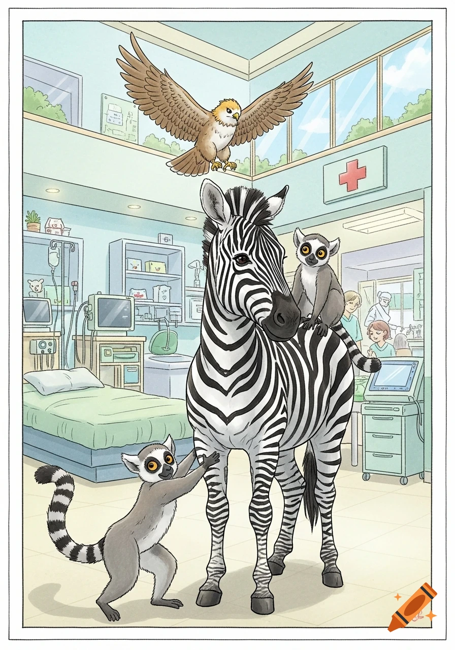 A cartoon illustration shows a zebra standing in a hospital room, with two lemurs, one on its back and one hugging its leg, and a hawk flying overhead.