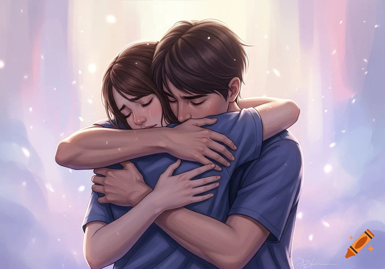 An anime-style illustration of two young people hugging, with one person crying.