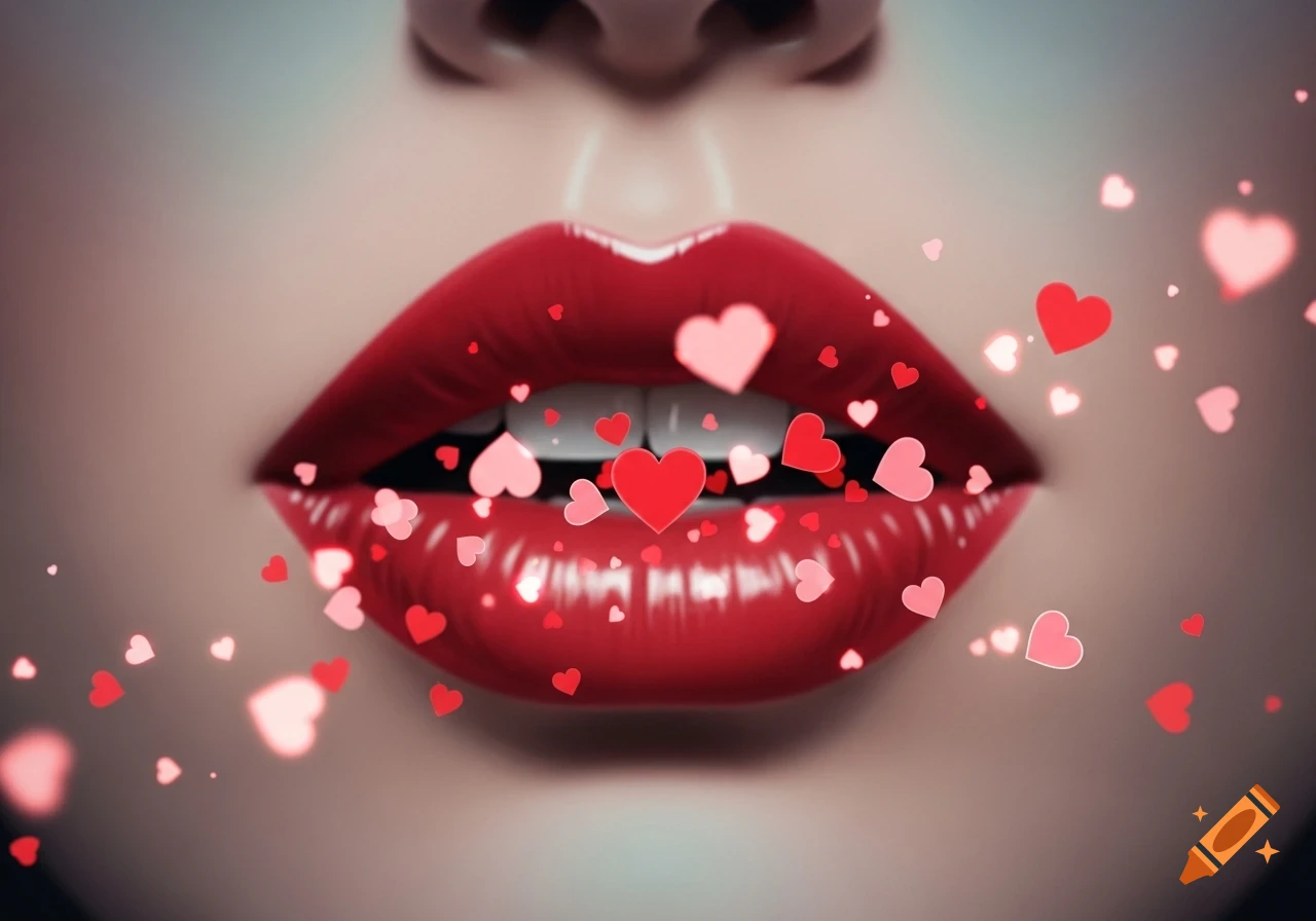 Close-up of a woman's glossy red lips with floating red and pink hearts around them.