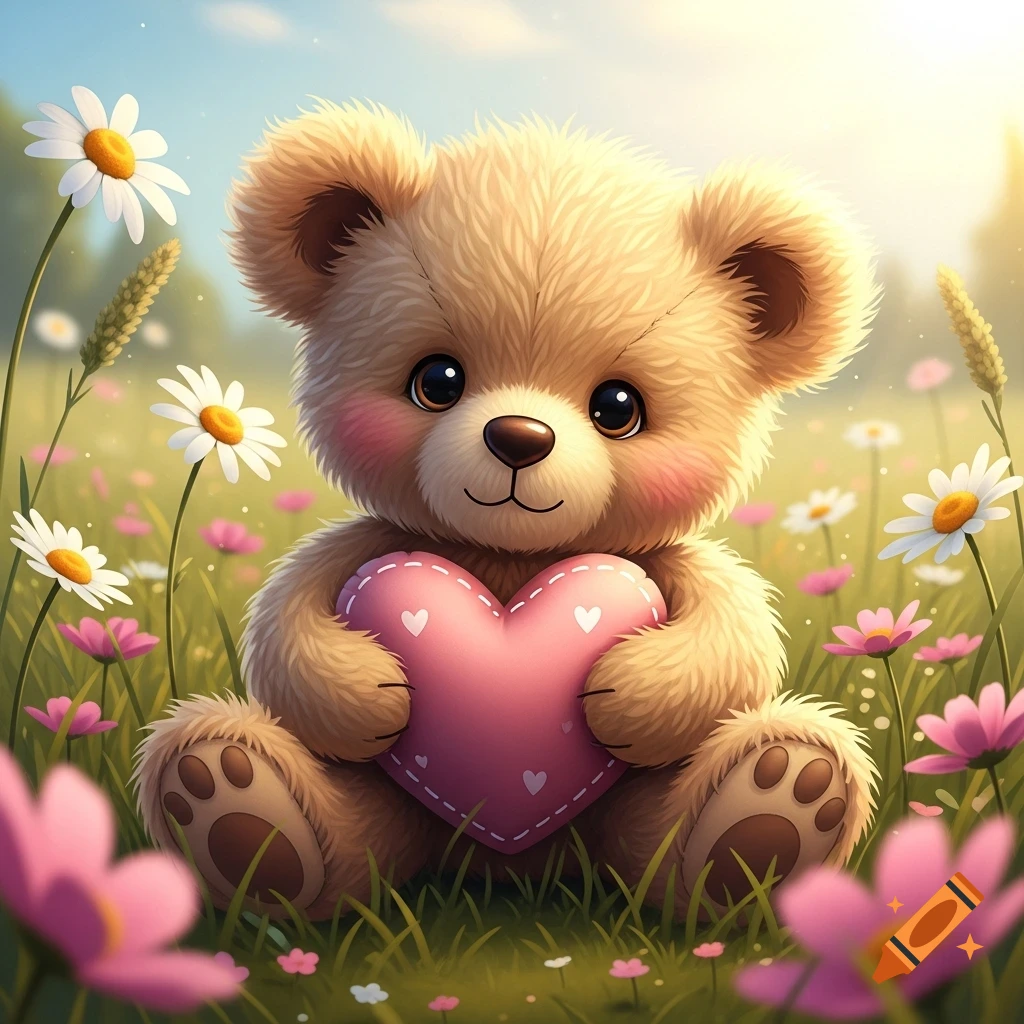 A cute fluffy teddy bear with rosy cheeks sits in a field of wildflowers, holding a pink plush heart with tiny white hearts.