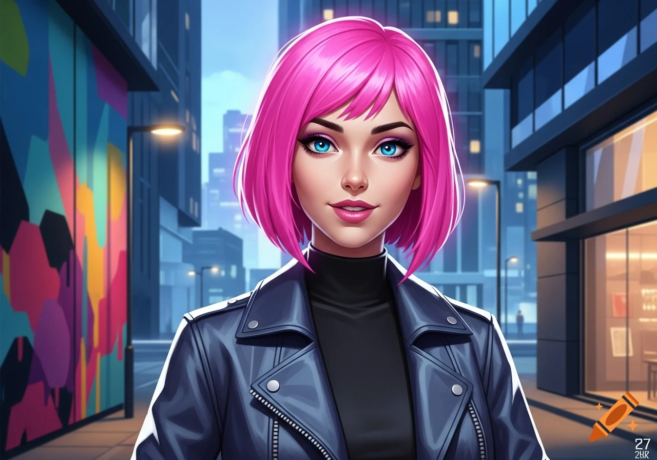 A stylized young woman with short pink hair and blue eyes wears a black leather jacket in an urban setting with colorful graffiti.