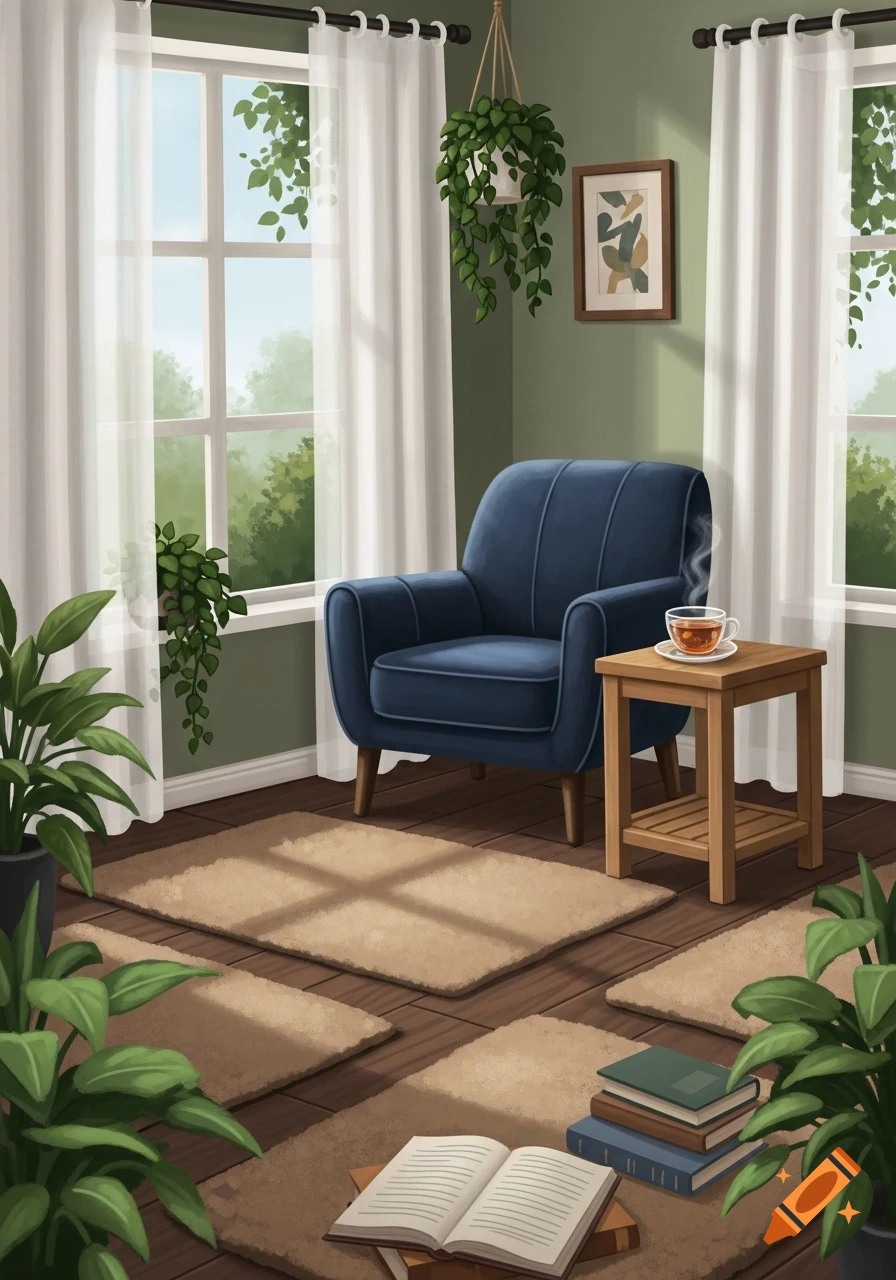 Illustrative view of a cozy room with a blue armchair, a steaming cup of tea, potted plants, and books on rugs, lit by large windows.