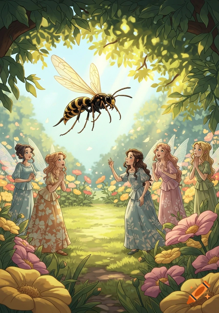 Cartoon illustration of a large wasp flying above several fairies looking up in a colorful, flowery forest.