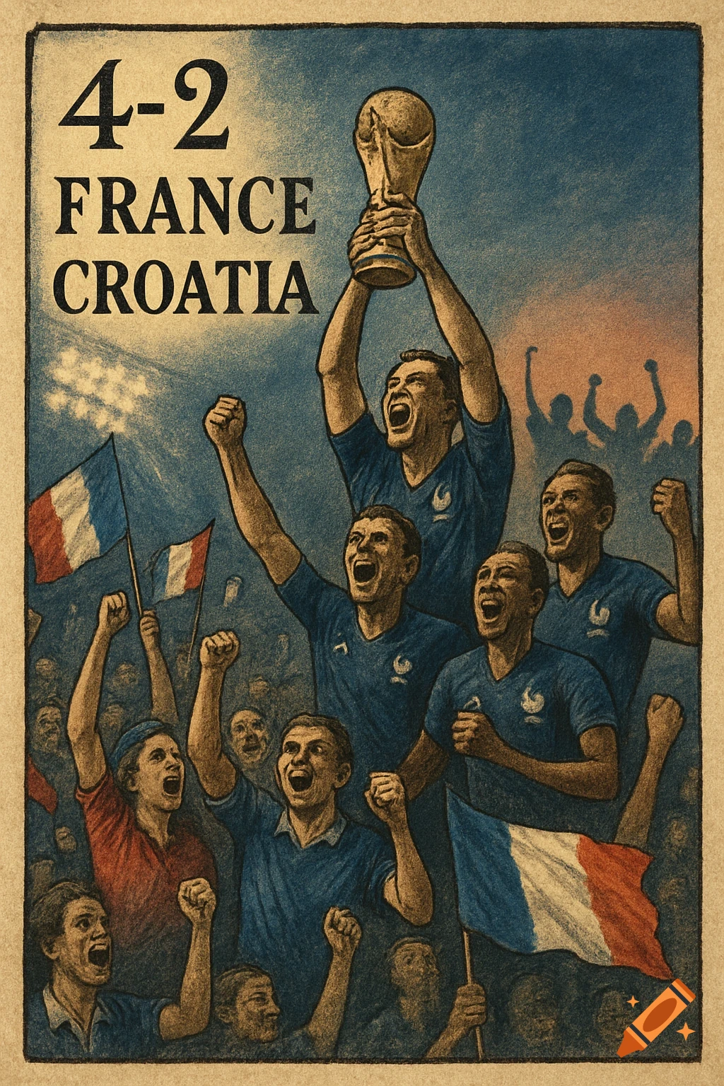 Vintage poster of French football players celebrating a 4-2 victory over Croatia, lifting a trophy amidst cheering fans.