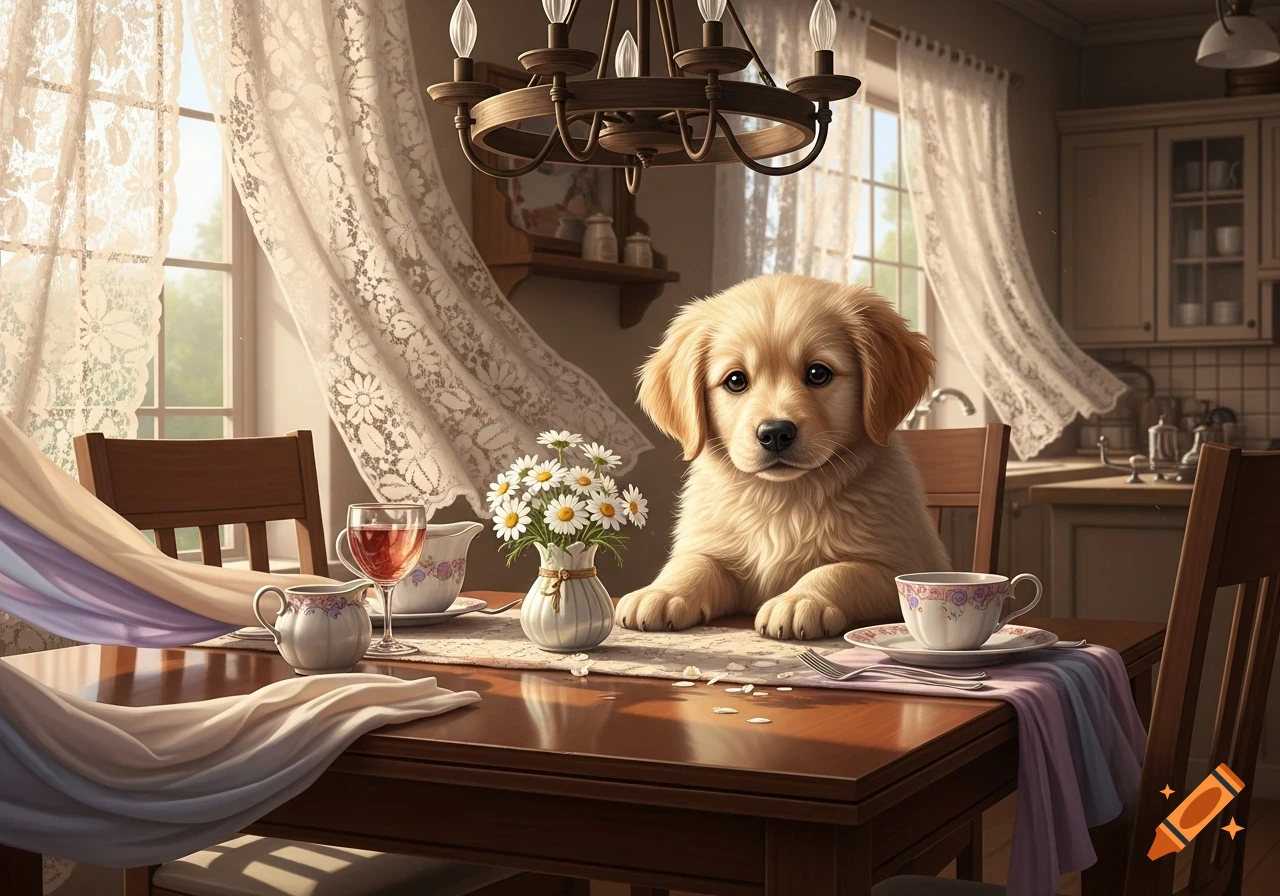 A cute golden retriever puppy sitting at a sunlit dining table with teacups, a vase of daisies, and lace curtains.