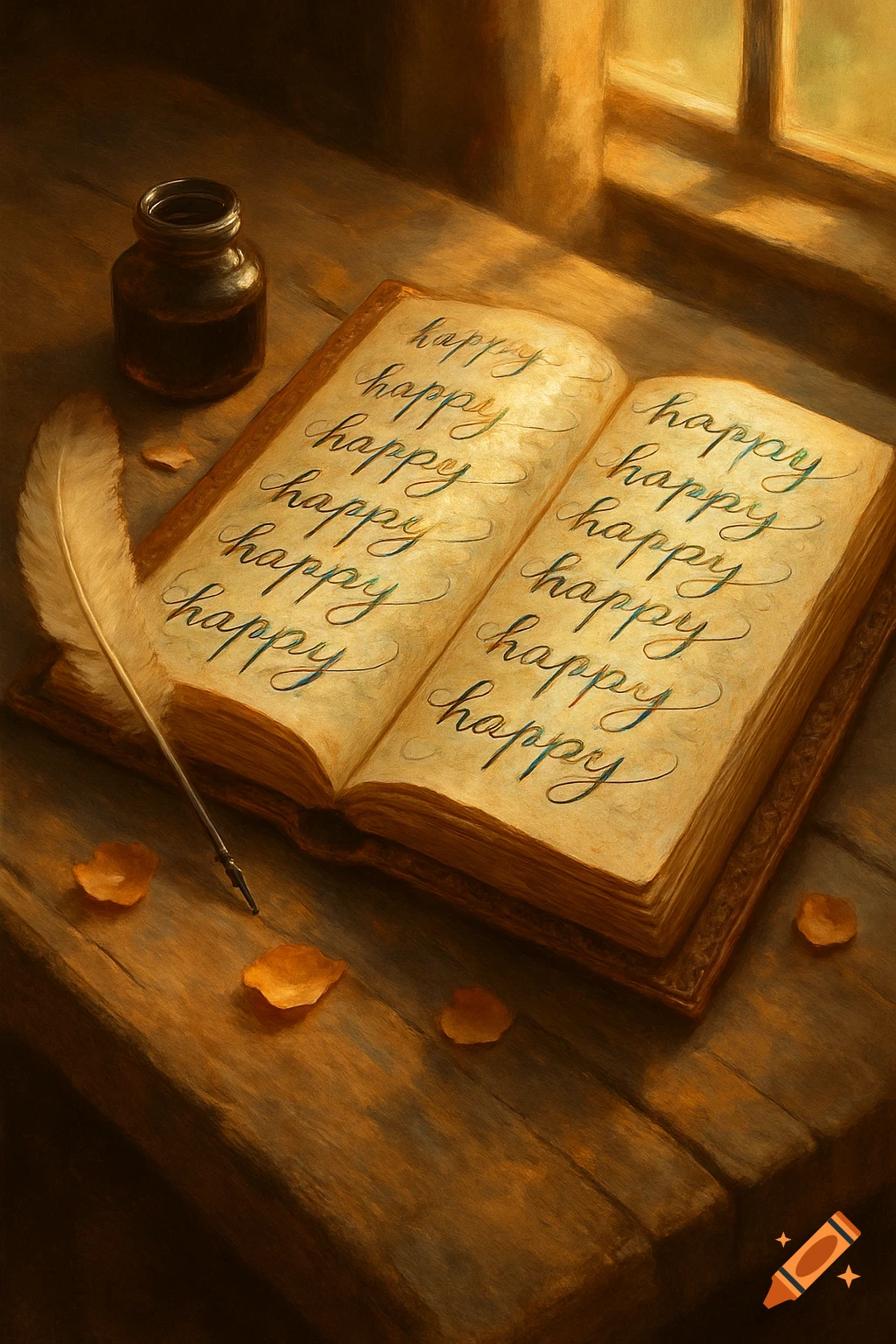 An open antique journal with the word "happy" written repeatedly, a quill, an inkwell, and autumn leaves rest on a wooden desk, bathed in warm light.