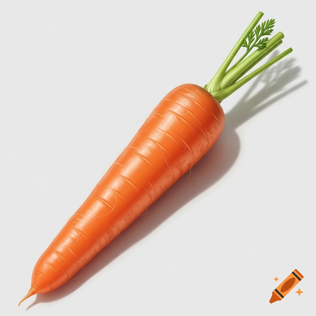 A single, detailed orange carrot with green leafy tops, lying diagonally on a white background with a shadow.