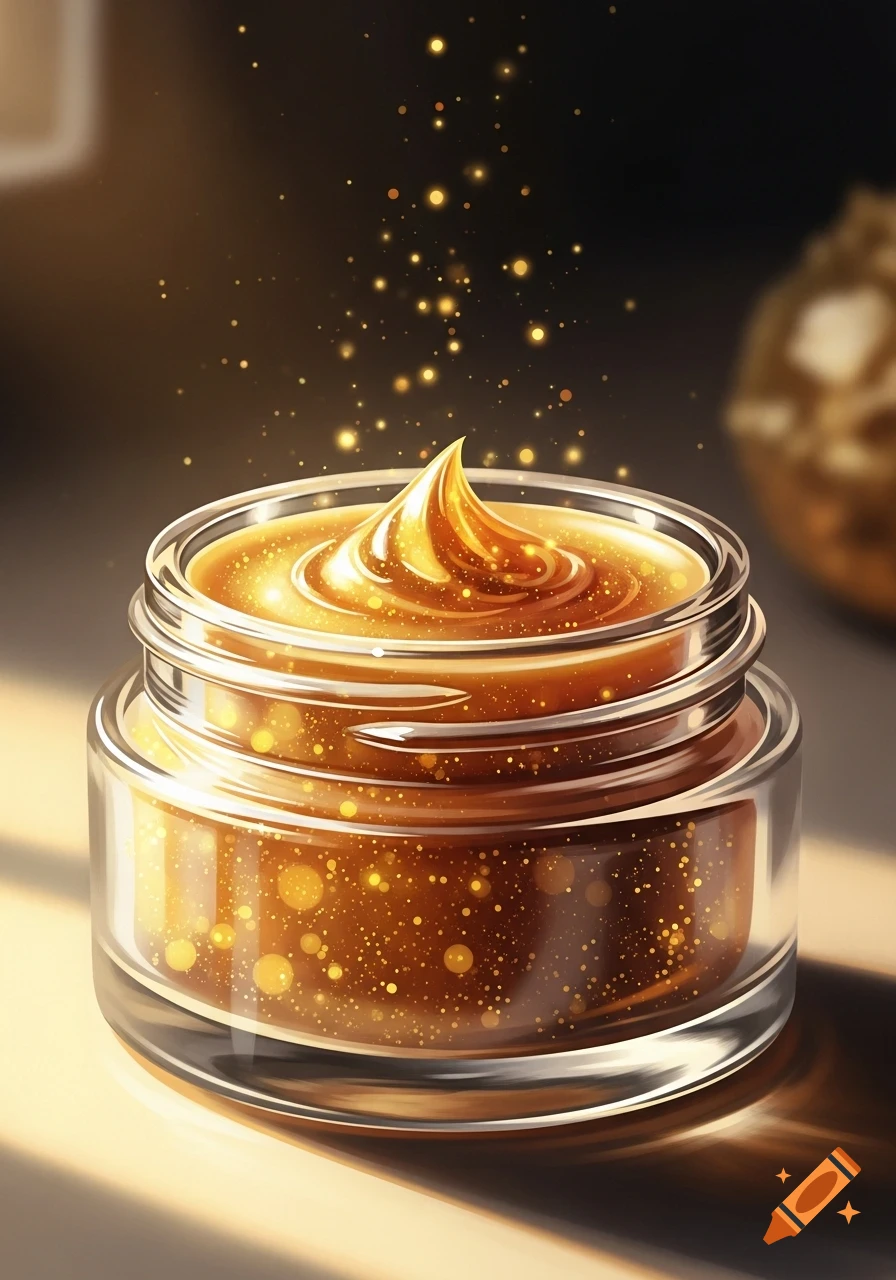 A clear glass jar filled with golden, shimmering balm with a peak on top, surrounded by glittering golden particles on a sunlit surface.