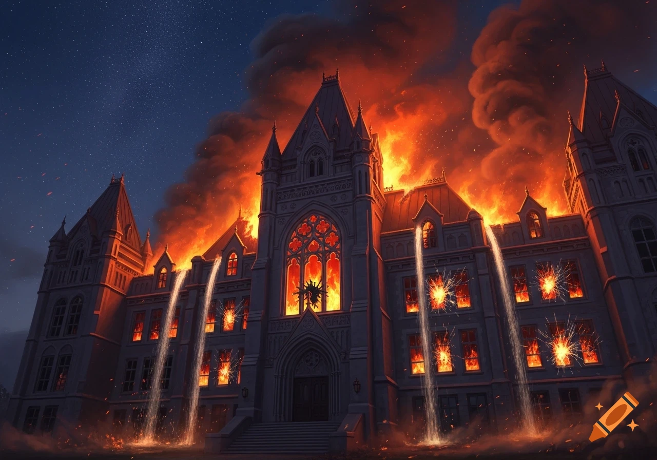 A large gothic building is engulfed in raging flames and thick smoke under a starry night sky, with luminous streams flowing down its facade.