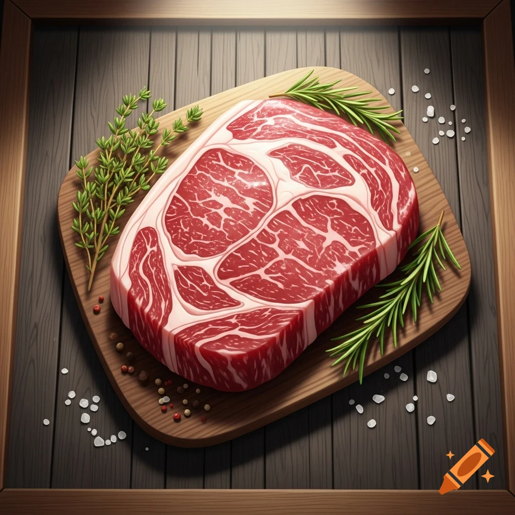 Raw marbled beef steak on a wooden cutting board with rosemary, thyme, salt, and peppercorns on a dark wood surface.