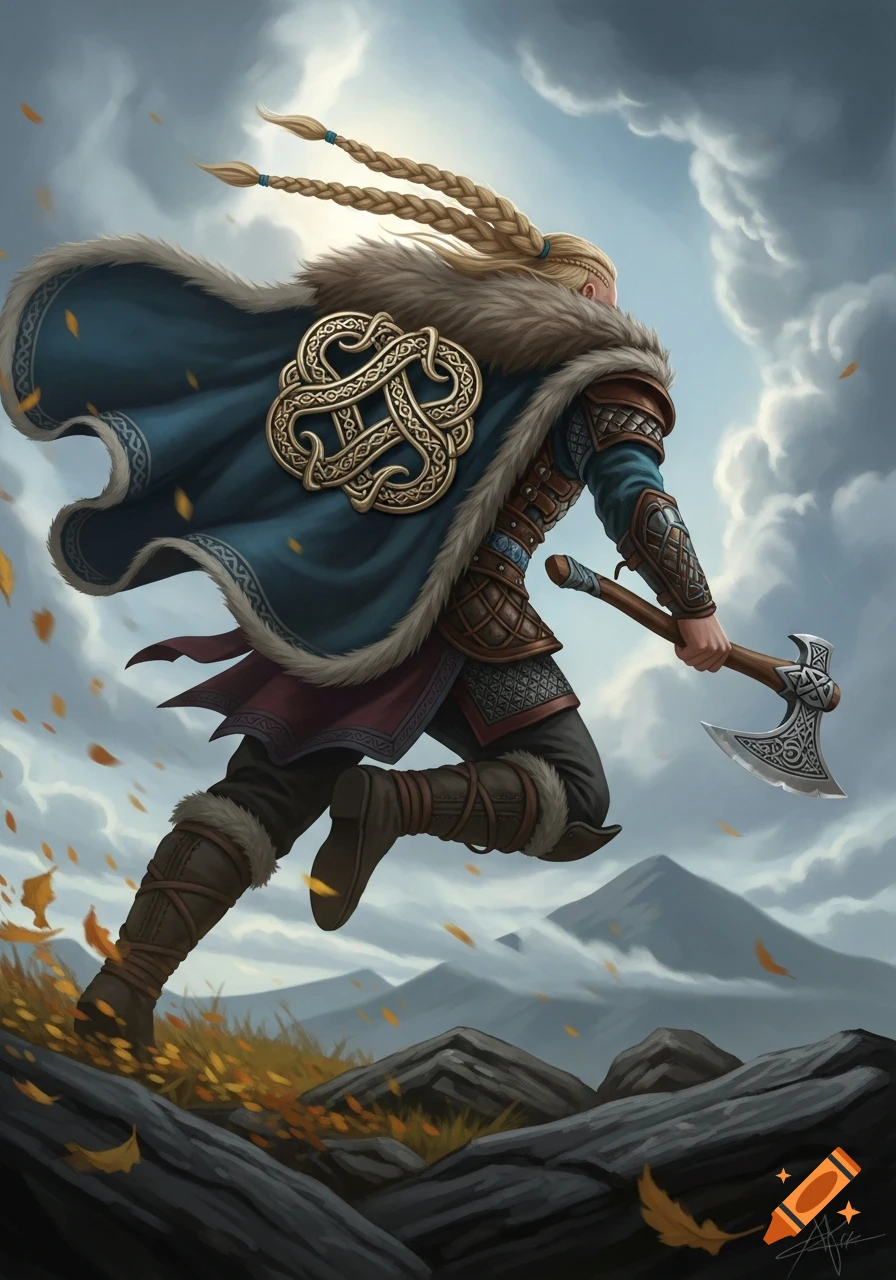 A dynamic digital illustration of a blonde Norse warrior running with an axe across rocky, leaf-strewn terrain under a cloudy sky.