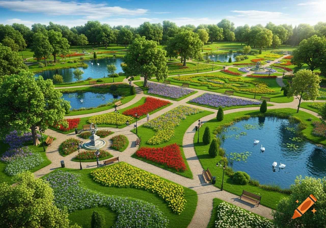 Aerial view of a vibrant park with winding paths, colorful flower beds, lush green trees, and tranquil ponds with swans.