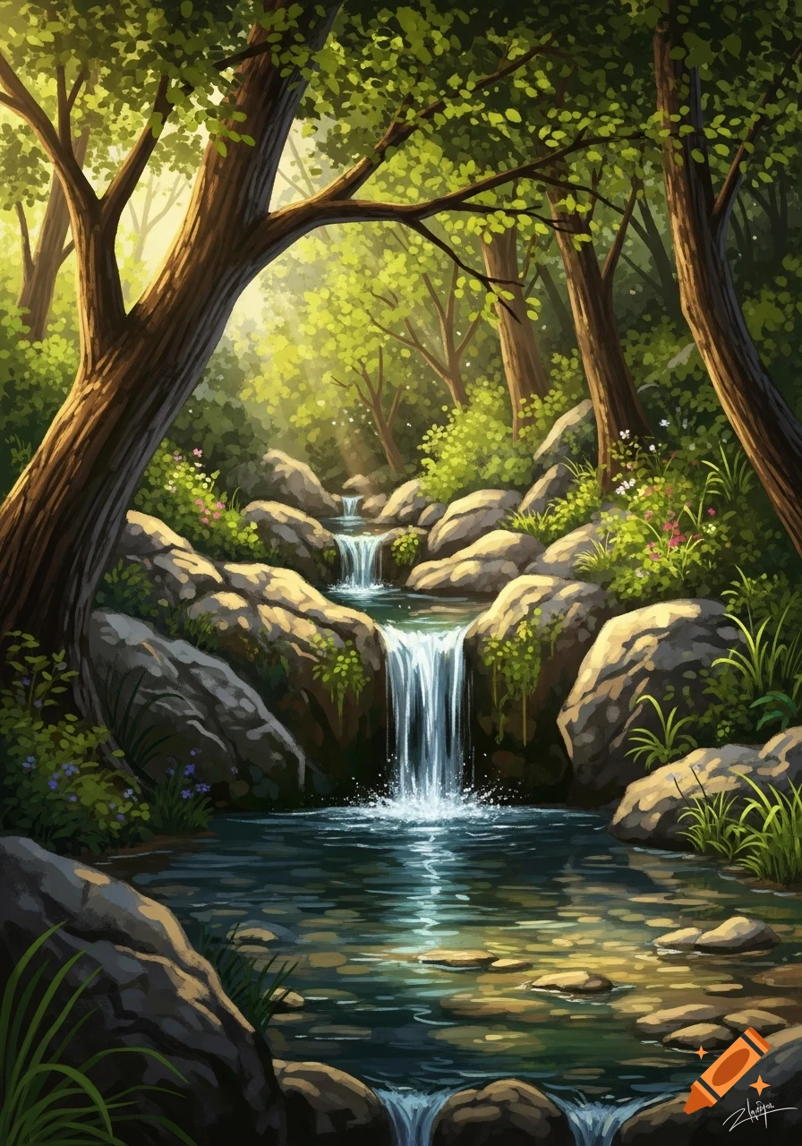 Digital painting of a sun-dappled forest glade with a multi-tiered waterfall cascading into a rocky stream.