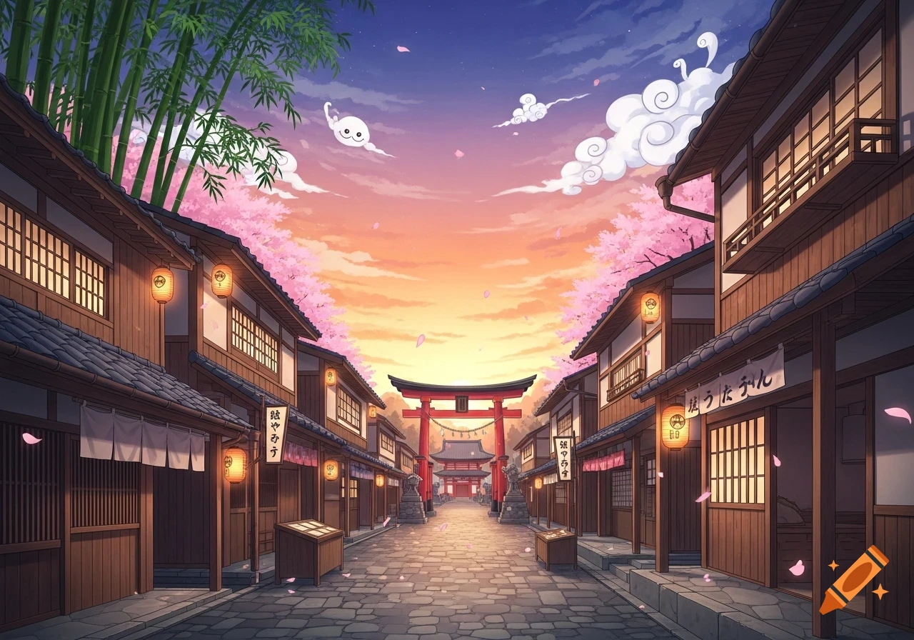 An anime-style Japanese street scene at sunset, flanked by traditional wooden buildings with lanterns and cherry blossoms, leading to a red torii gate.