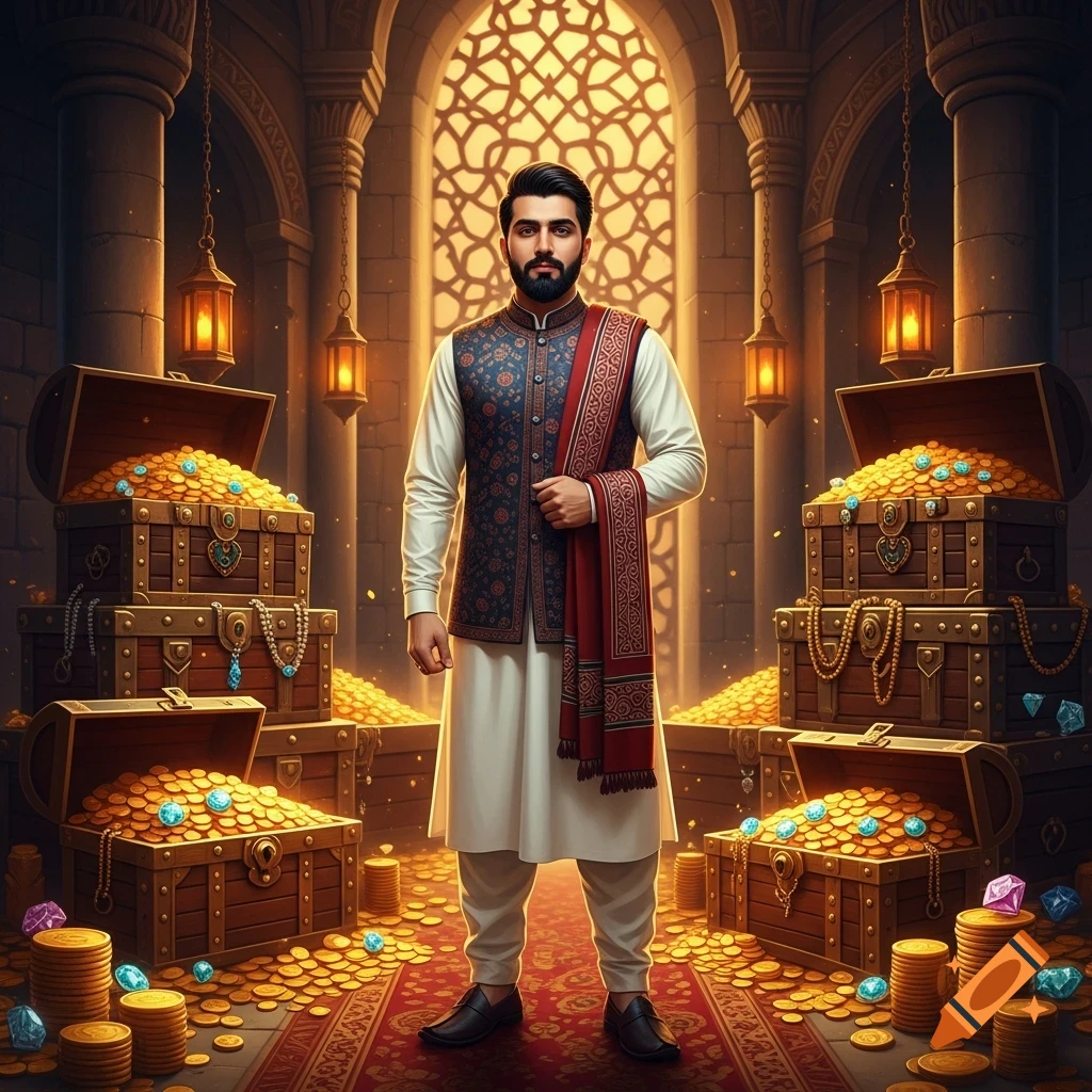 A man in traditional attire stands between tall stacks of treasure chests overflowing with gold coins and gems in an ornate, arch-filled room.