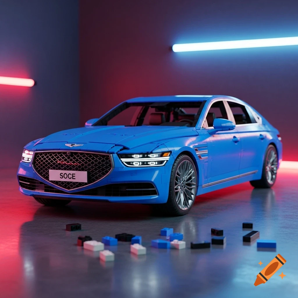 A blue Lego-style Genesis G90 car on a reflective floor with scattered bricks under neon lights.