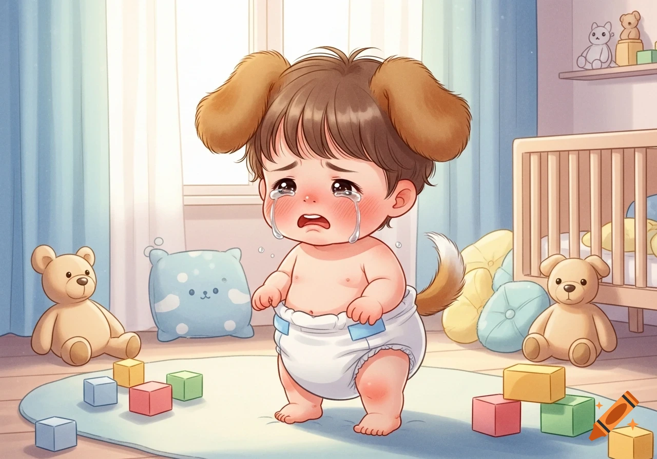 A crying cartoon toddler with dog ears and a tail wears a diaper in a bright nursery with teddy bears and building blocks.