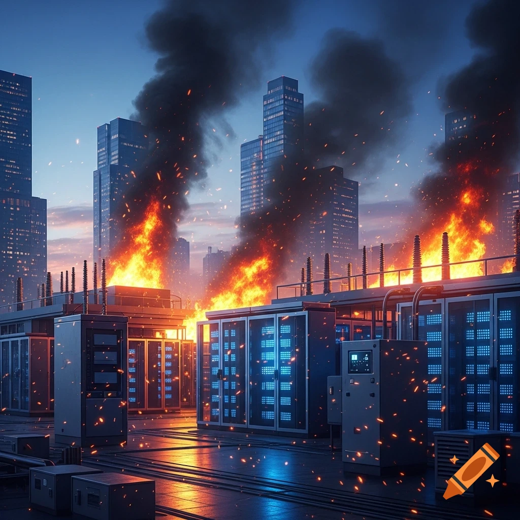 A massive AI data center is engulfed in flames and thick black smoke under a twilight sky, with city skyscrapers in the background.