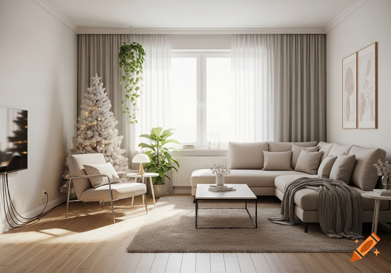 A bright, photorealistic modern living room with a beige sectional sofa, a white Christmas tree, and potted plants.