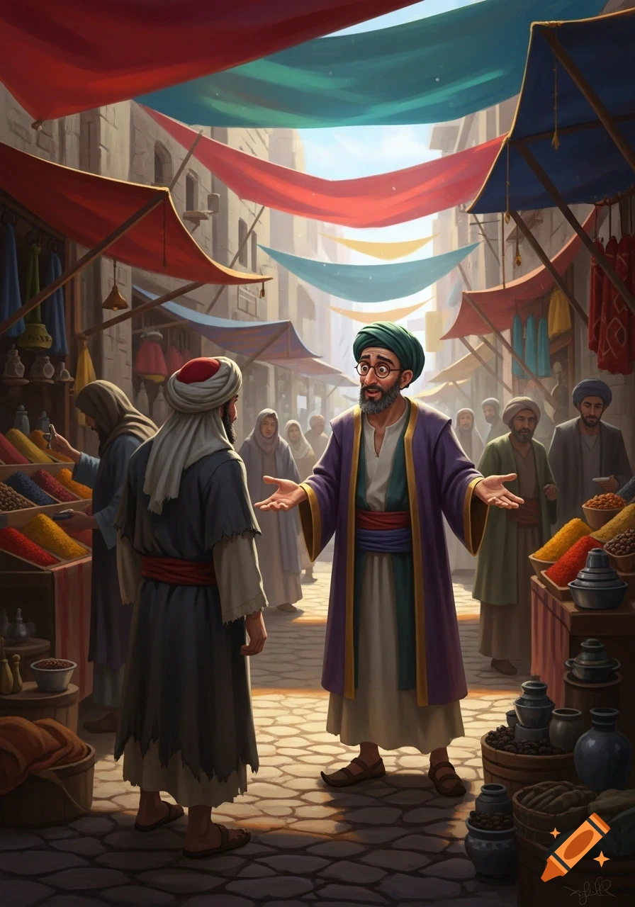 Illustrated scene of two men in traditional attire talking in a vibrant outdoor market with spice stalls and colorful fabric awnings.