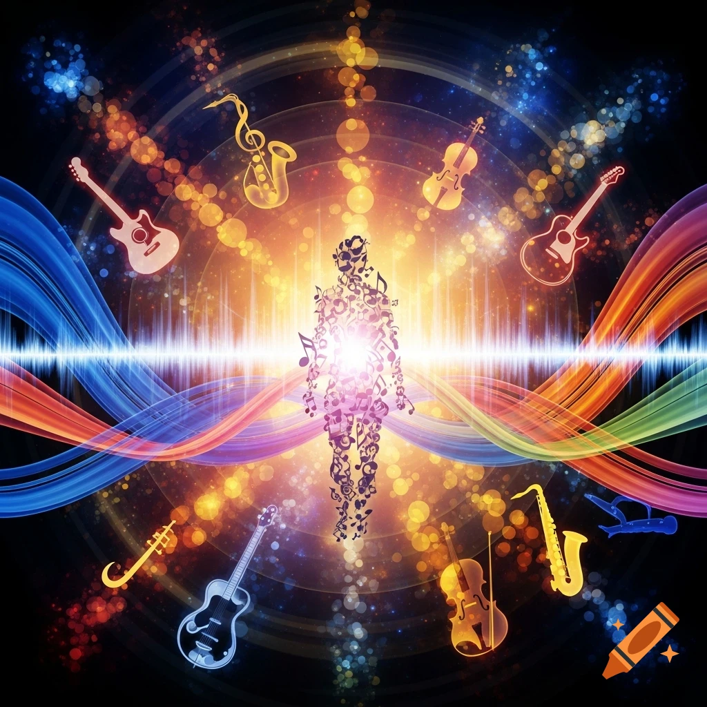 Abstract art with a glowing figure made of musical notes, surrounded by colorful waves and instruments like guitars, violins, and saxophones.