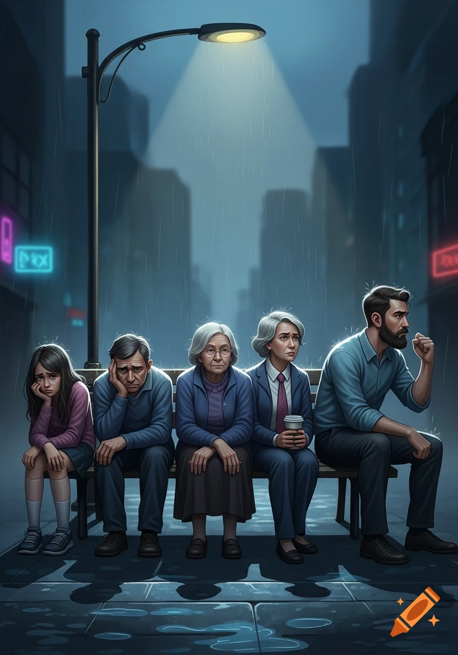 Five sad people, including a child, two elderly women, and two adult men, sit on a bench under a streetlamp in the rain in a city.