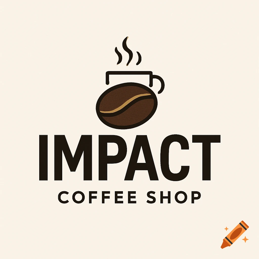 A minimalist coffee shop logo with a steaming coffee cup and bean above the text "IMPACT COFFEE SHOP".