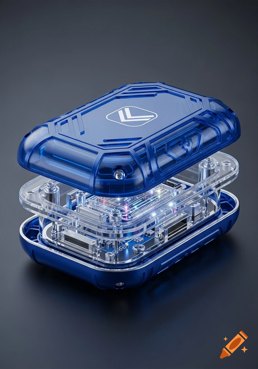 A disassembled blue and clear electronic device, with the top casing floating above glowing internal circuitry.
