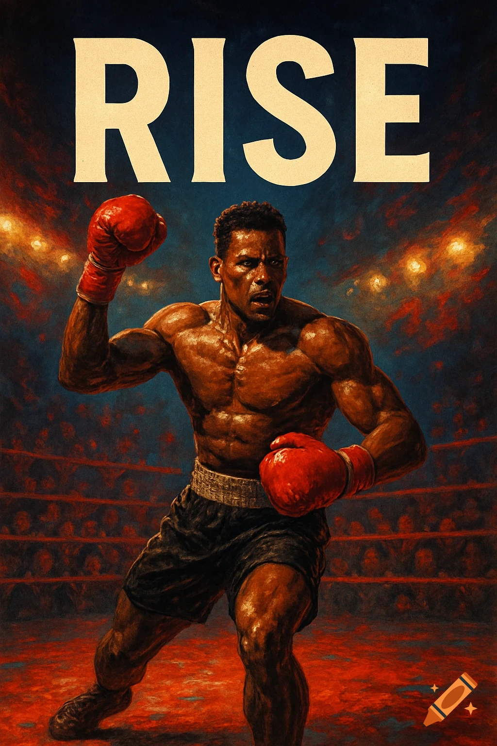 A muscular male boxer in red gloves stands in a boxing ring under the title 'RISE', depicted in a dramatic painterly style.