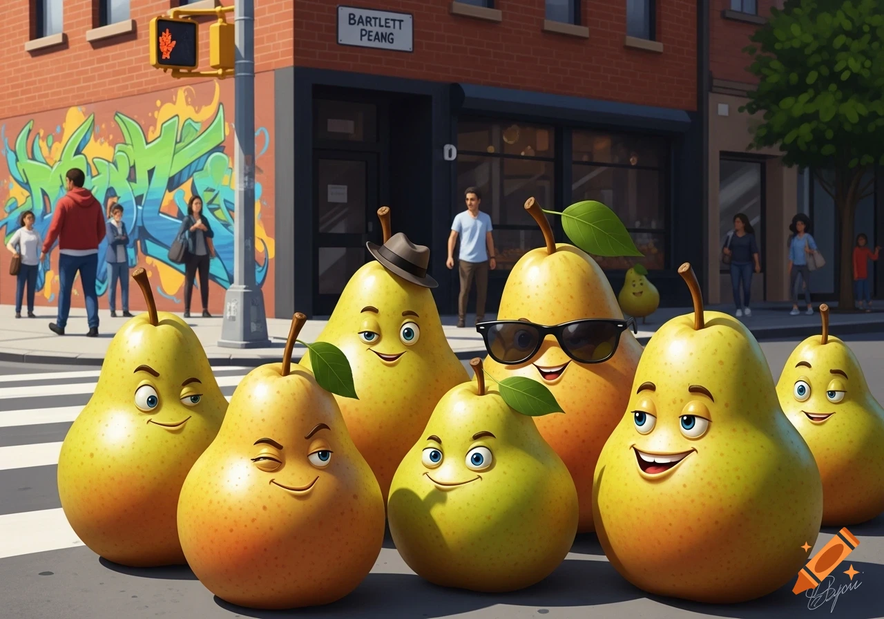 Anthropomorphic pears with faces on a city street, some wearing hats and sunglasses, with people and buildings in the background.