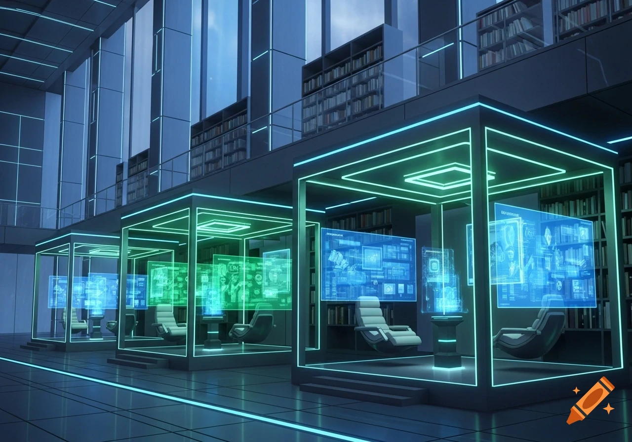 A futuristic library interior with glowing blue and green immersion ...
