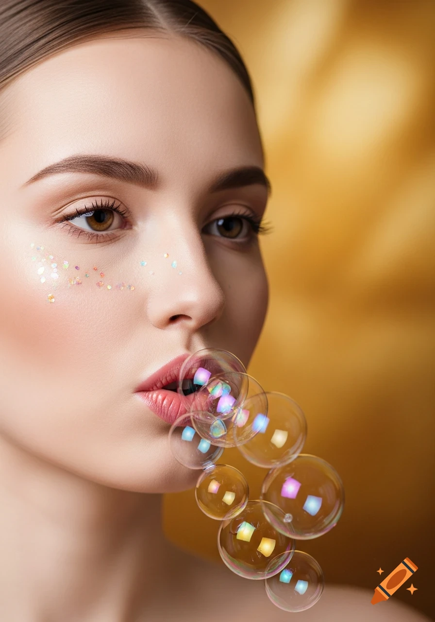 Close-up portrait of a young woman with glitter on her cheek blowing iridescent bubbles from her lips against a golden background.