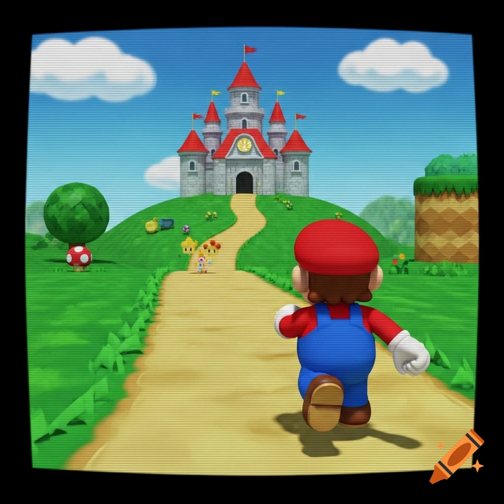 Mario runs up a path towards a castle on a green hill, rendered in Super Mario 64 style with a VHS aesthetic.
