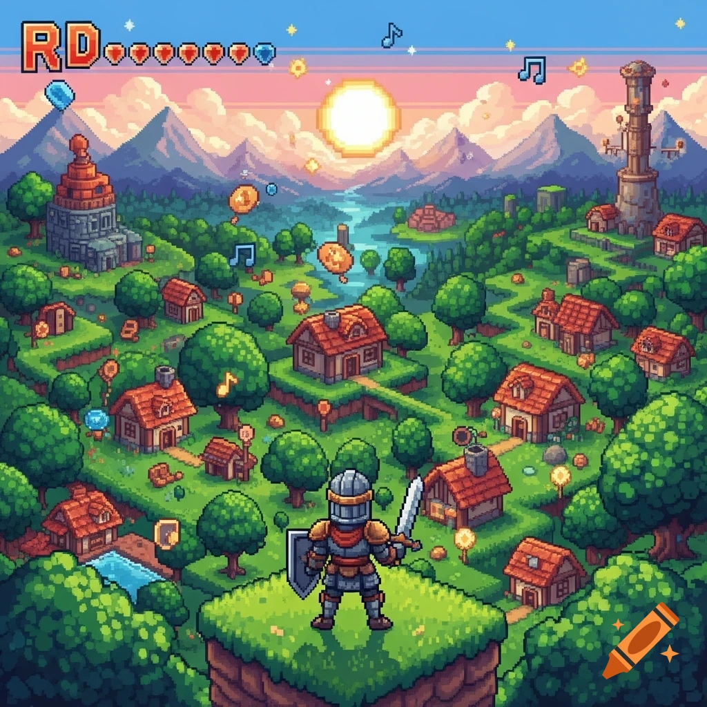 Pixel art isometric view of a knight on a hill overlooking a fantasy village at sunset.