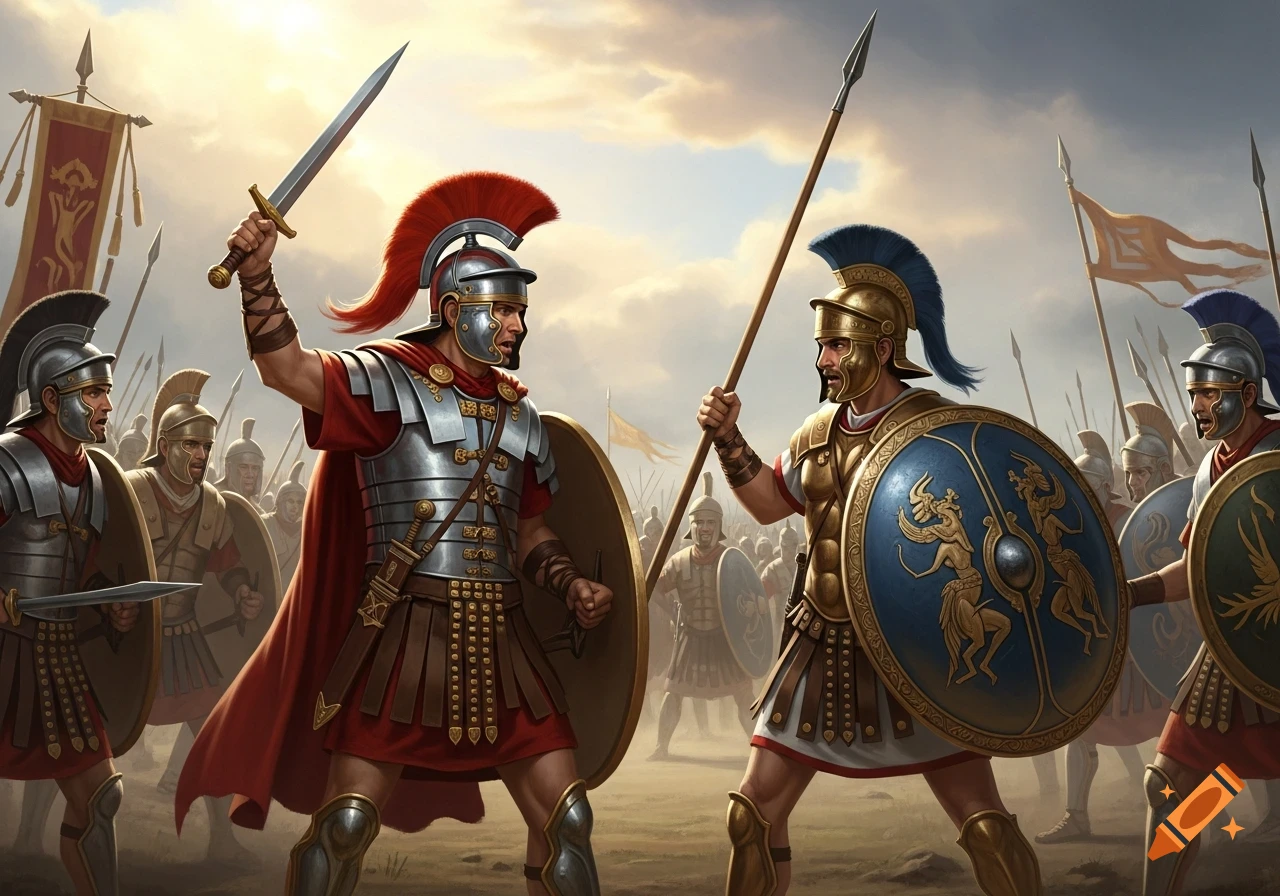 Two ancient Roman and Greek soldiers in detailed armor face off on a battlefield, surrounded by armies.