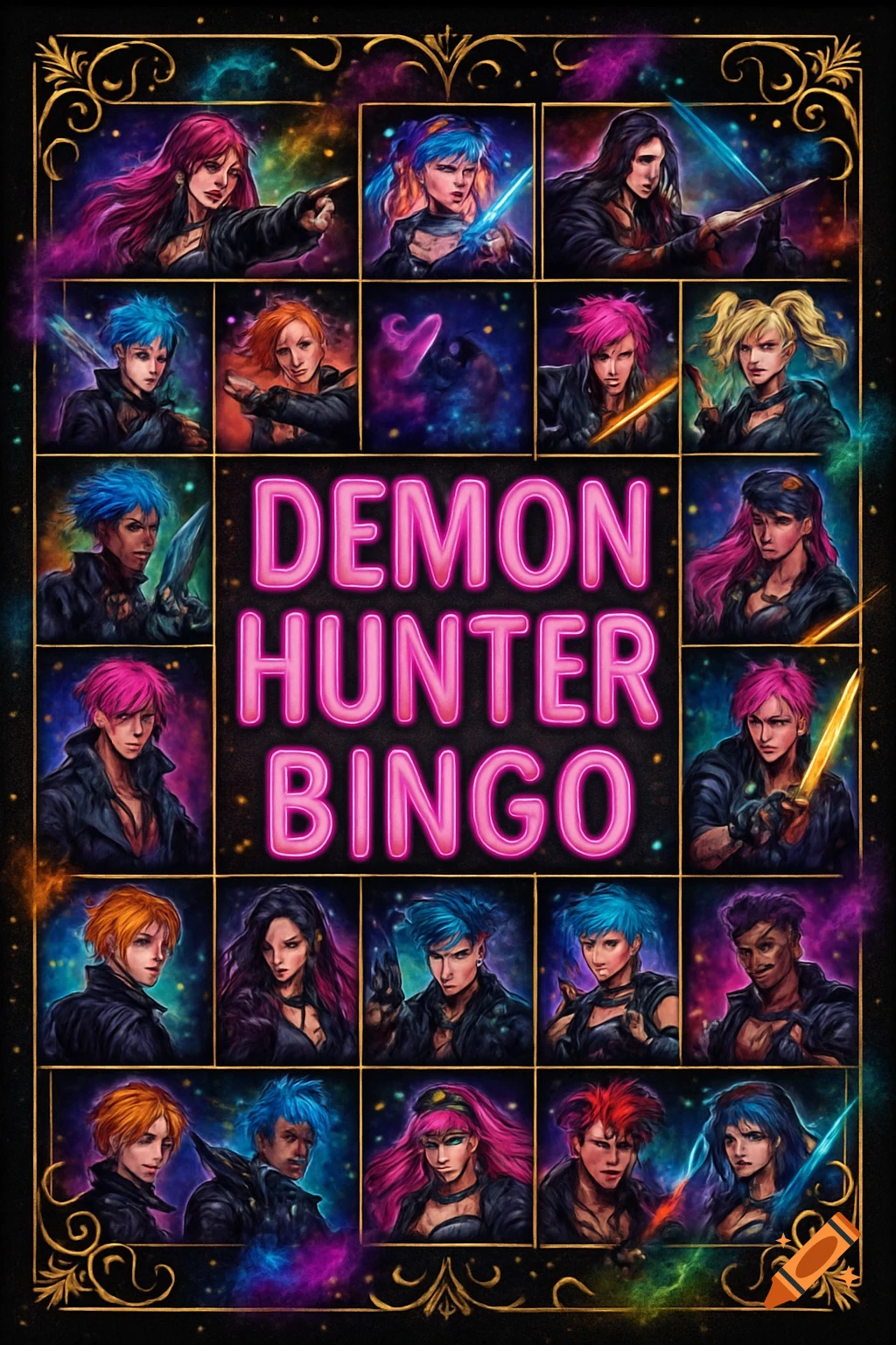 A bingo card with 'DEMON HUNTER BINGO' in neon pink text, surrounded by 20 anime-style portraits of diverse characters with colorful hair, holding weapons, against a starry cosmic background.