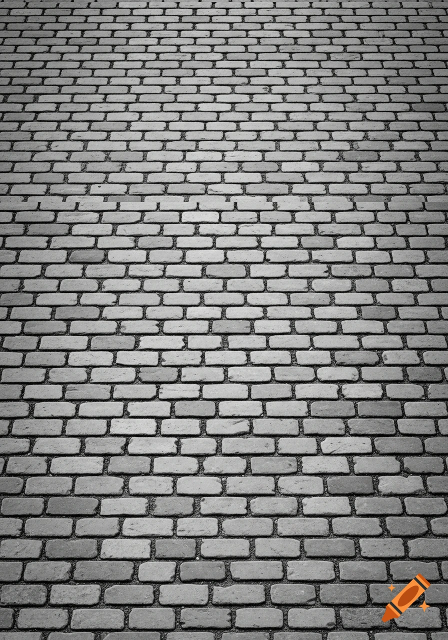 A black and white photorealistic image of a simple cobblestone pathway, viewed from a low angle, stretching into the distance.