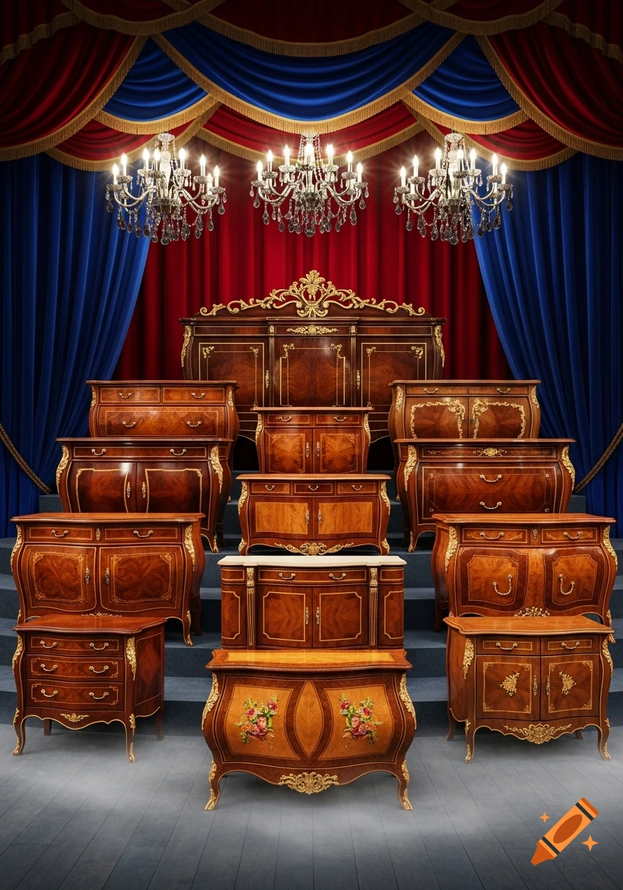 A crescendo of ornate antique wooden credenzas and dressers, displayed against red and blue velvet drapes with chandeliers.