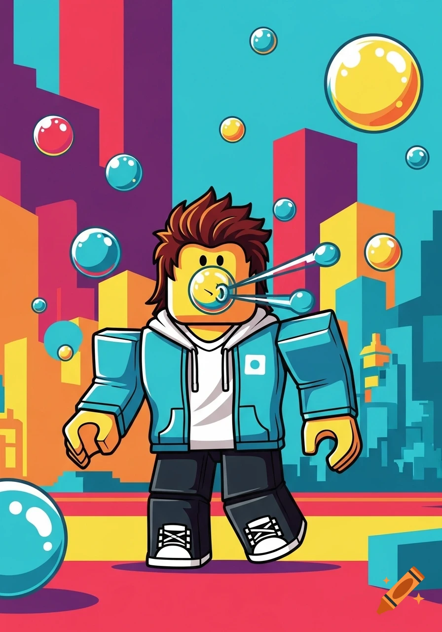 A Roblox-style character in a blue hoodie blowing a bubble from their face in a vibrant, blocky cityscape with floating bubbles.