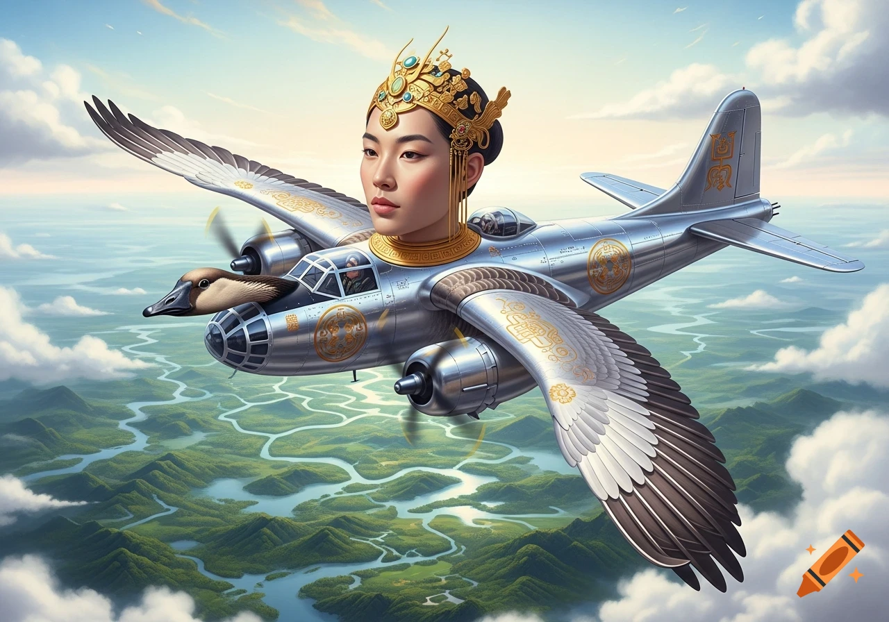 A surreal silver airplane with an Asian woman's head wearing a golden crown for a cockpit and a goose head as the nose, flying over a green landscape with winding rivers.