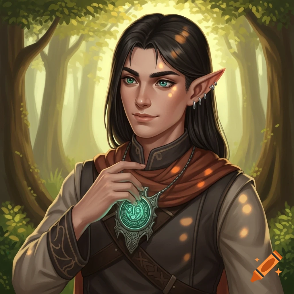 A digital painting of a half-elf man with dark hair and green eyes, wearing a tunic and holding a glowing amulet, in a forest.