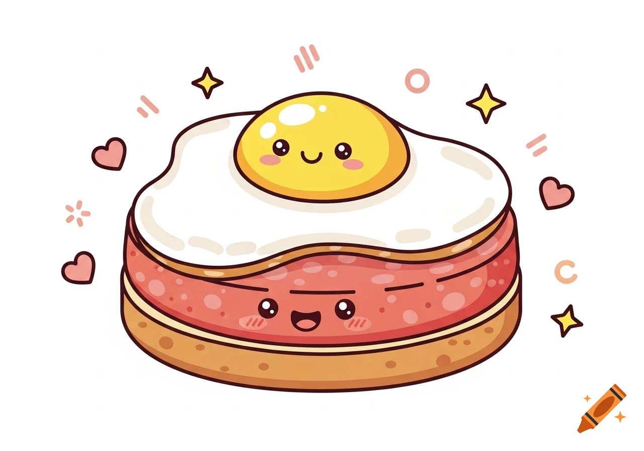 Kawaii style illustration of a smiling fried egg on a layered food item, surrounded by hearts and stars.