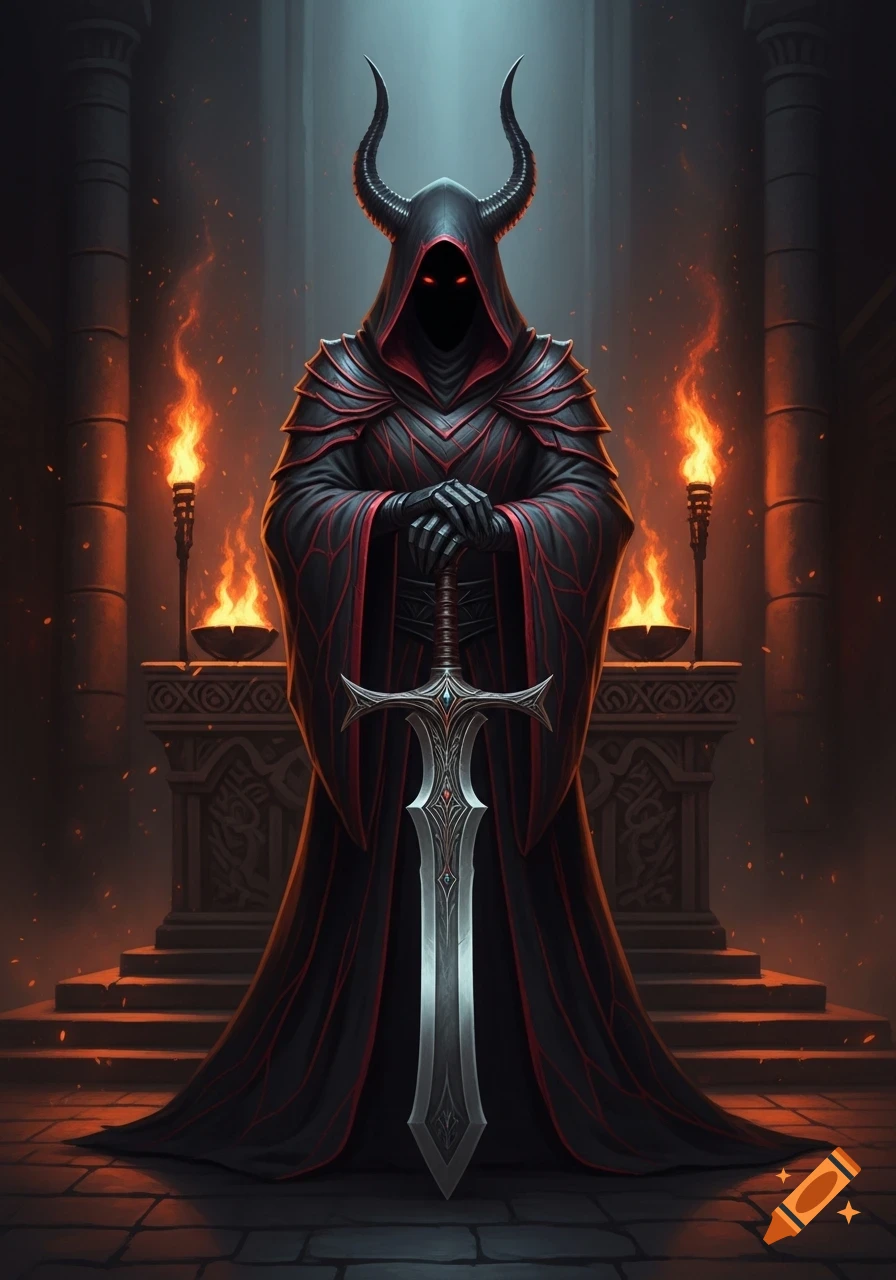 A horned cultist in dark robes with glowing red eyes stands in a torch-lit chamber, holding a two-handed sword.