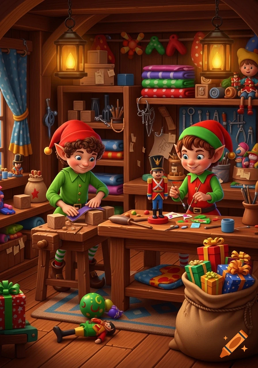 Two happy cartoon elves work in a cozy, cluttered toy workshop, one sanding wood and the other painting a nutcracker. Gifts are nearby.