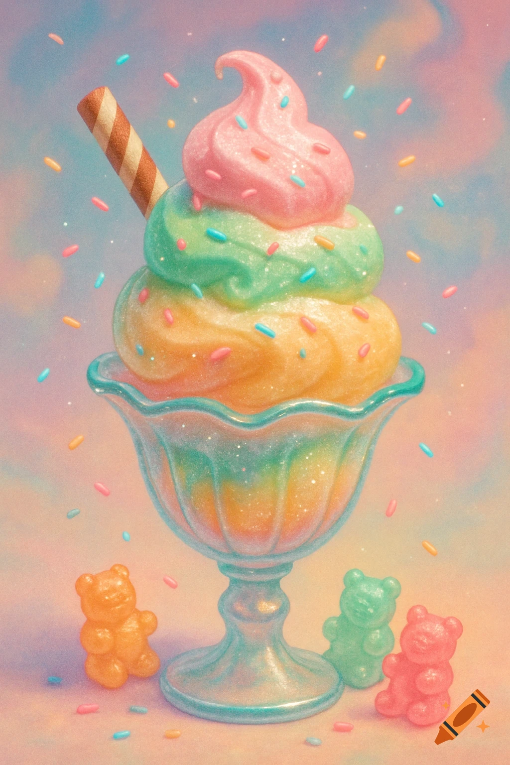 A glittery, pastel three-scoop ice cream sundae with a wafer stick, sprinkles, and gummy bears in a glass dish against a soft sky background.